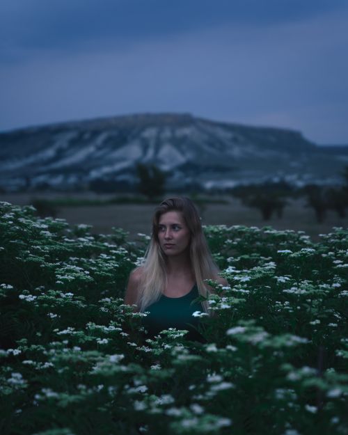 Free A young woman stands in a meadow of flowers with a hill in the background during twilight. Stock Photo