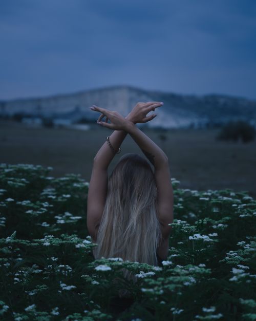 Free A blonde woman with arms raised stands in a field of flowers during twilight, creating a peaceful ambiance. Stock Photo