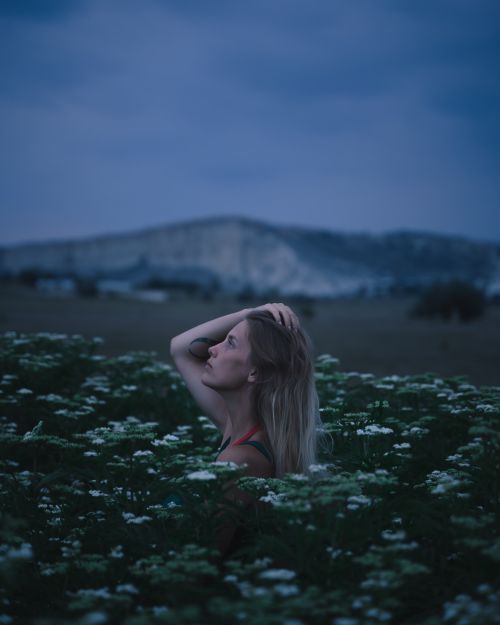 Free A contemplative woman poses in a meadow filled with flowers during the evening. Stock Photo
