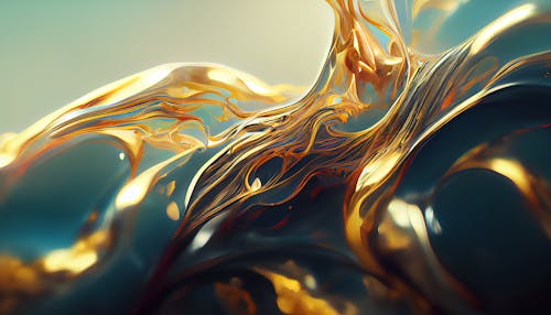 Abstract amber and gold paint splatter background. Fluid shapes, dynamic composition. Design element. 