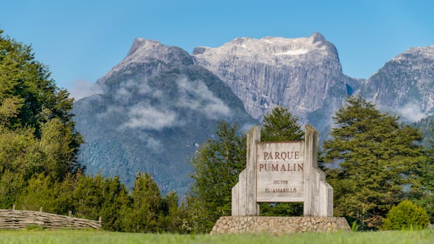 Stunning view of Parque Pumalín with rugged mountains in Chaitén, Chile.