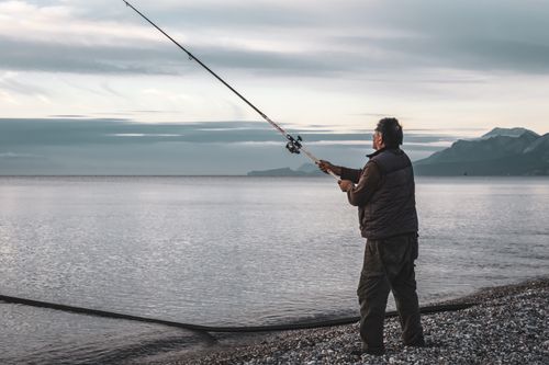 Free A man stands on a rocky coastline fishing at dusk with mountains in the background. Stock Photo