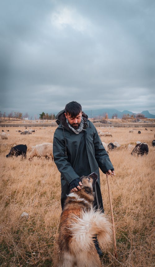 Man in Winter Clothing in a Field with his Dog