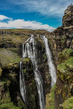 郁郁葱葱的青翠环境中，瀑布从岩石悬崖上层叠而下，景象十分壮观