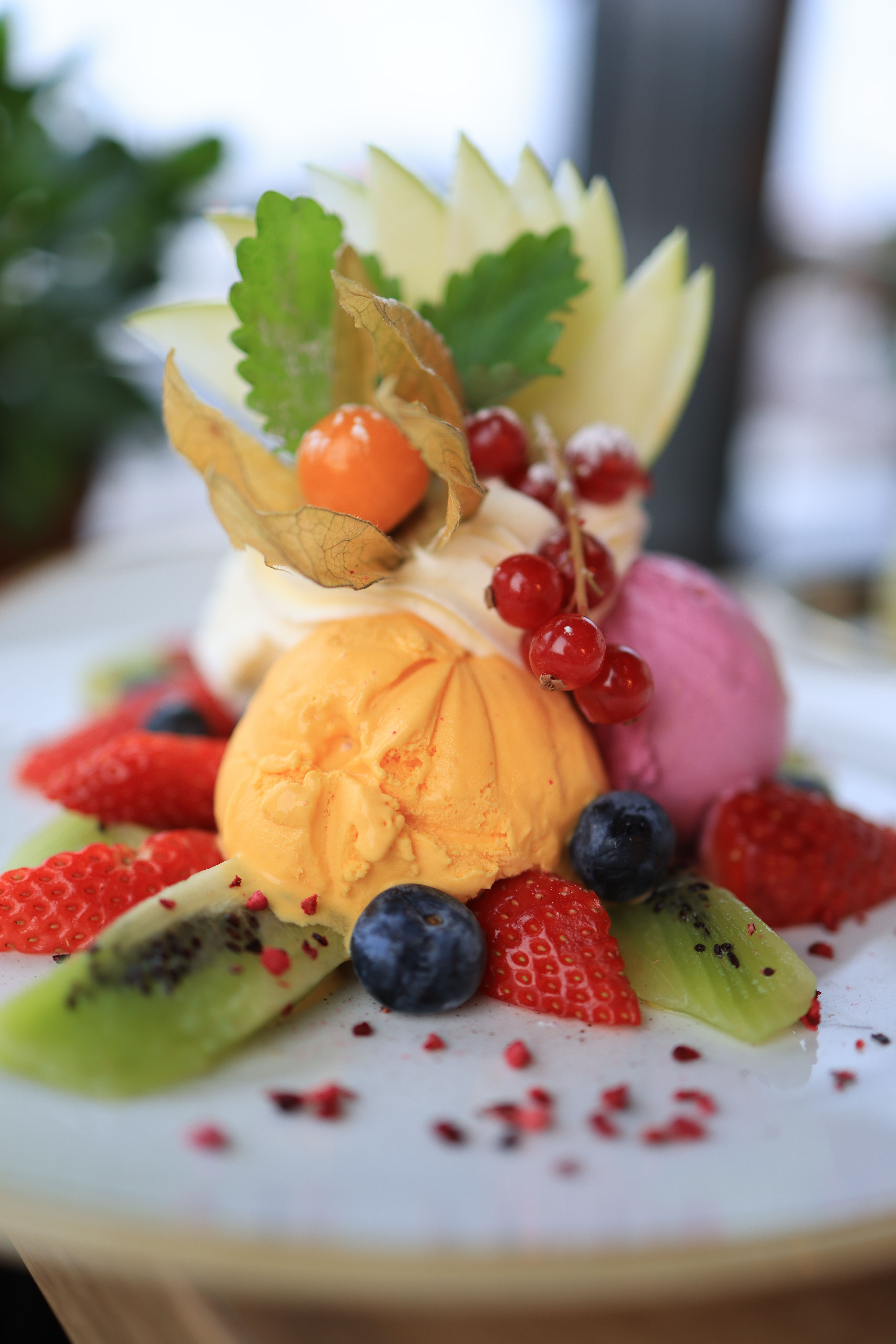 Vibrant fruit and ice cream dessert featuring fresh berries and kiwi. Perfect for a summer treat.