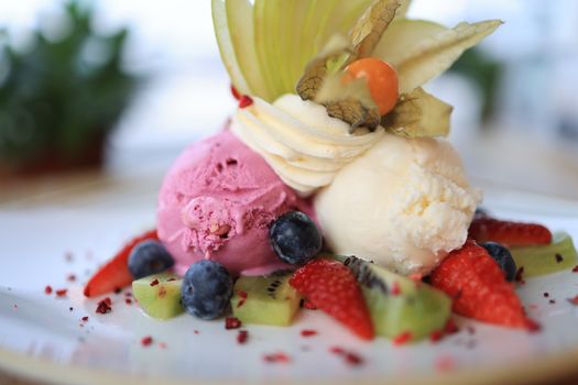 Delicious ice cream served with fresh fruits like kiwi and strawberries.