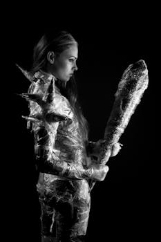 一个穿着尖刺幻想服装、手持棍棒的女人轮廓，映衬在黑暗的背景中