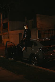 A person with a LED face mask sits on a car at night in an urban setting.