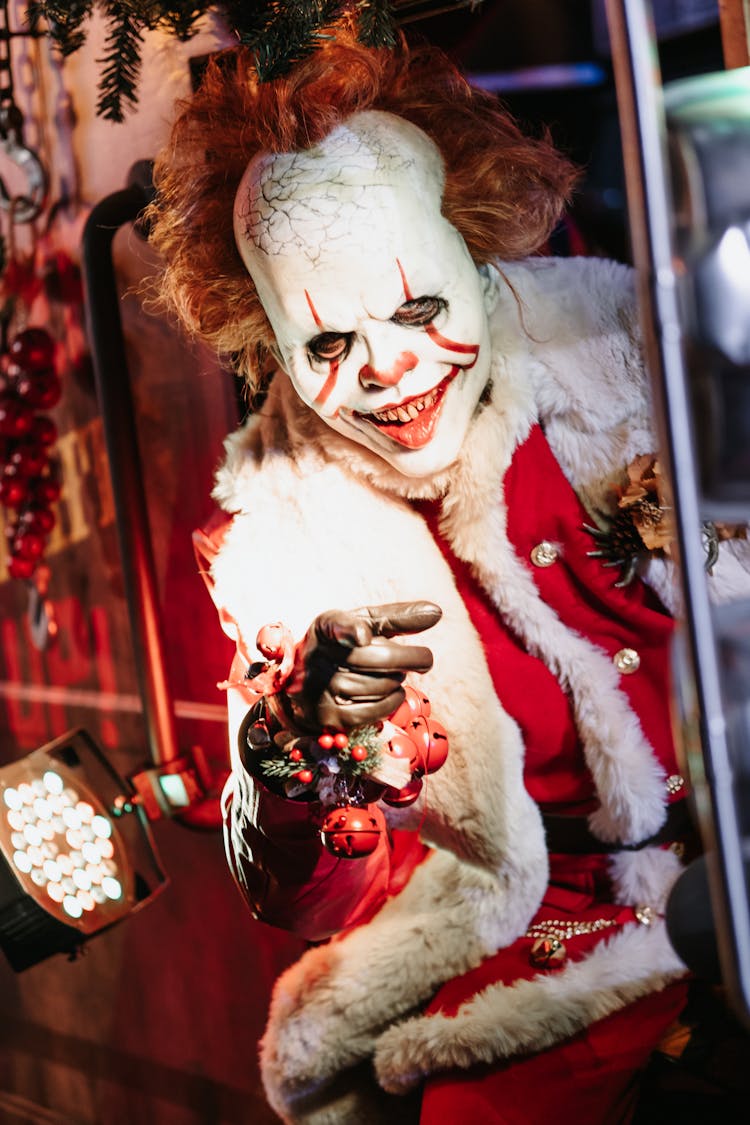 A Clown With Christmas Decorations 