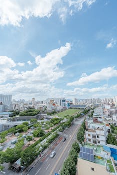 Aerial view of a bustling cityscape with blue skies, showcasing modern urban architecture and green spaces.