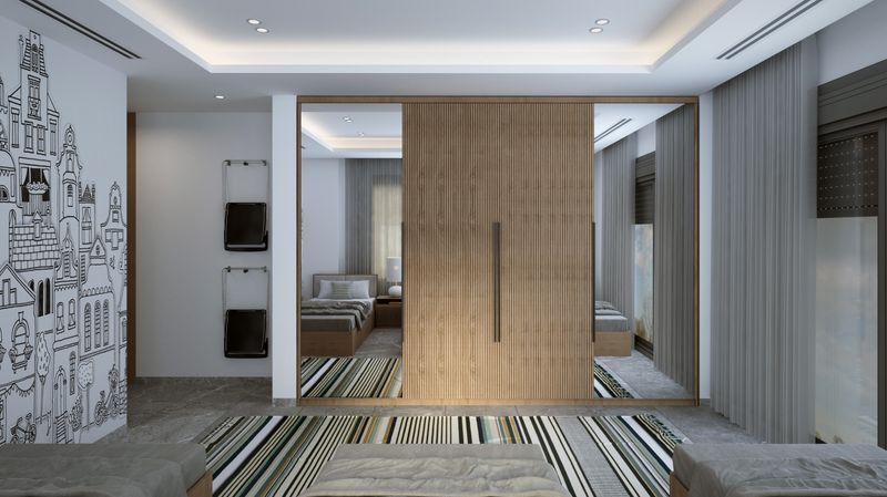 Stylish bedroom with sliding wooden wardrobe