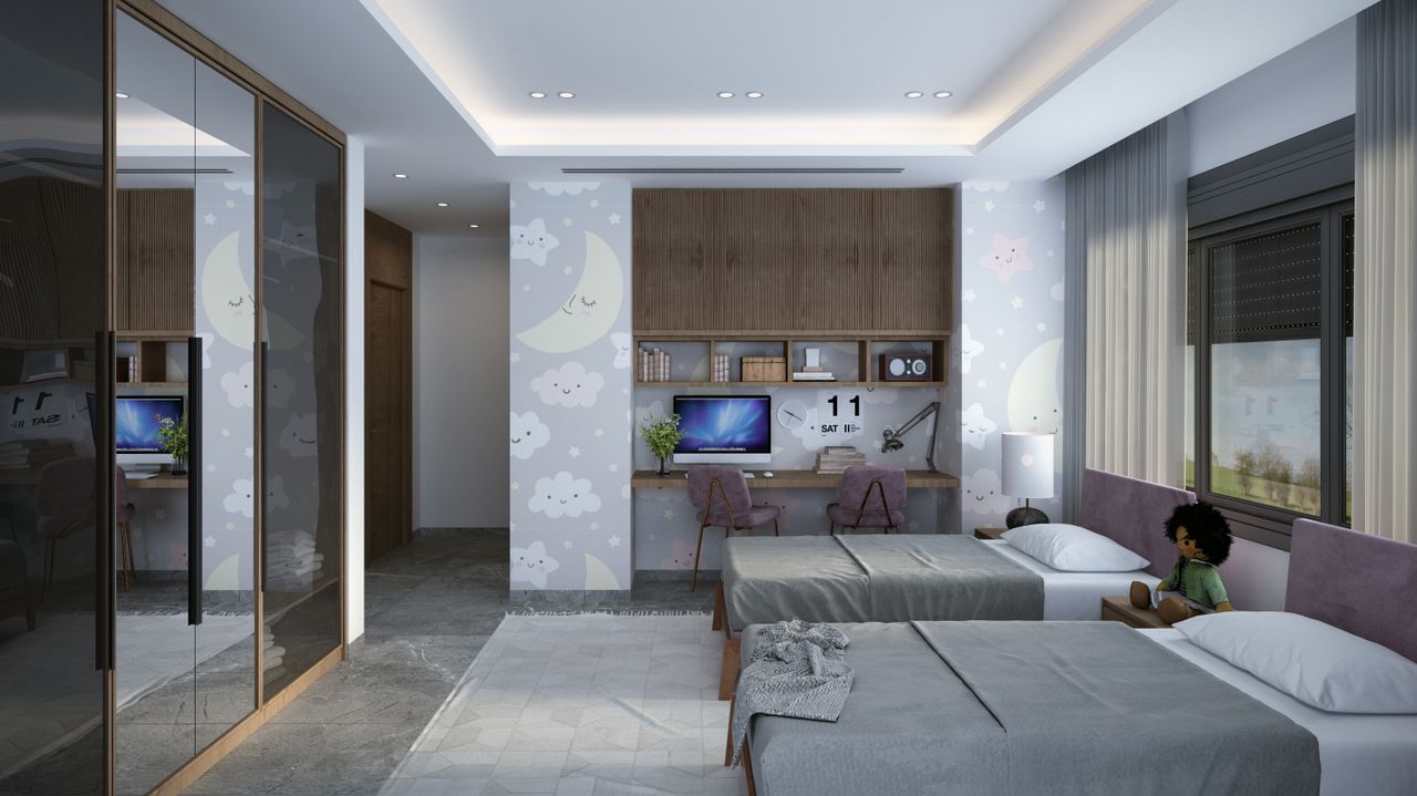 stylish hotel bedroom with twin beds modern decor and workspace