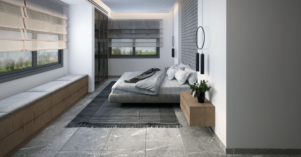 Sleek modern bedroom design featuring natural light, neutral tones, and minimalist decor.