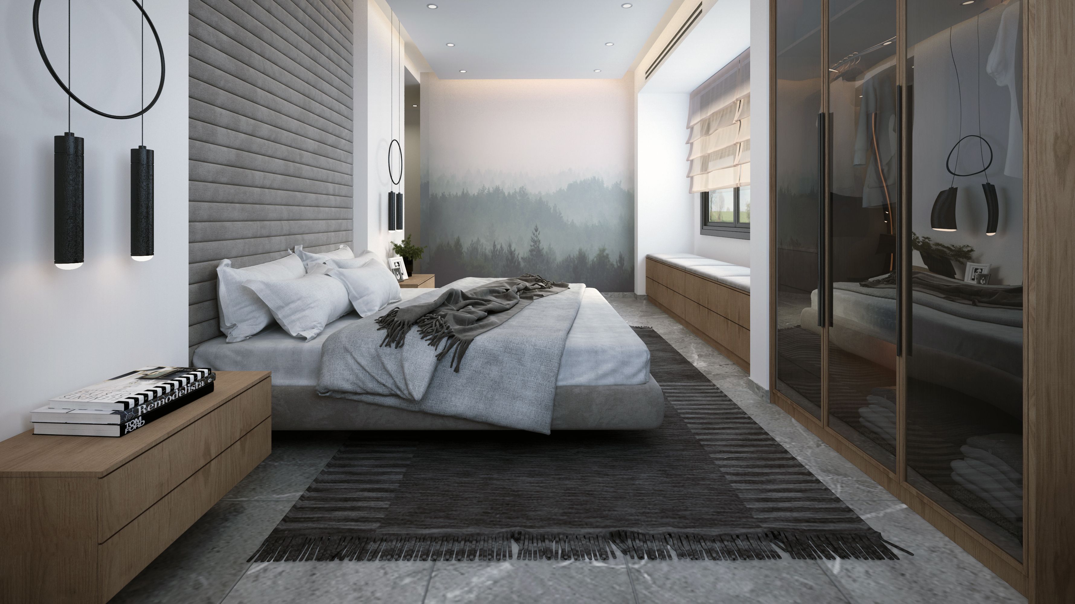 A modern bedroom in neutral tones with a neatly made bed