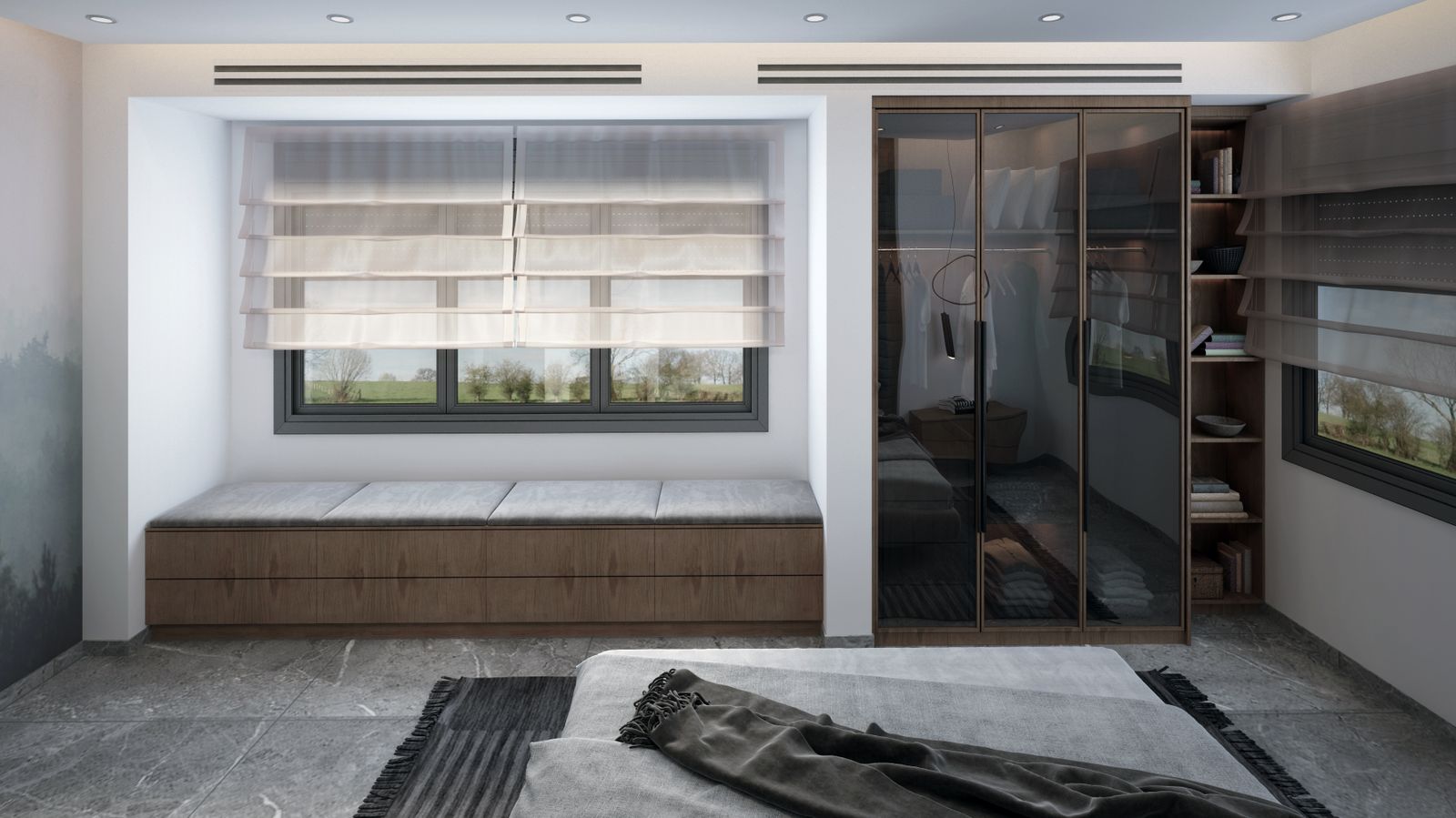 Calm bedroom with soft neutral storage and bedding