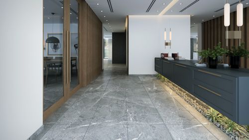 Free Sophisticated office interior featuring marble floor and contemporary design elements. Stock Photo