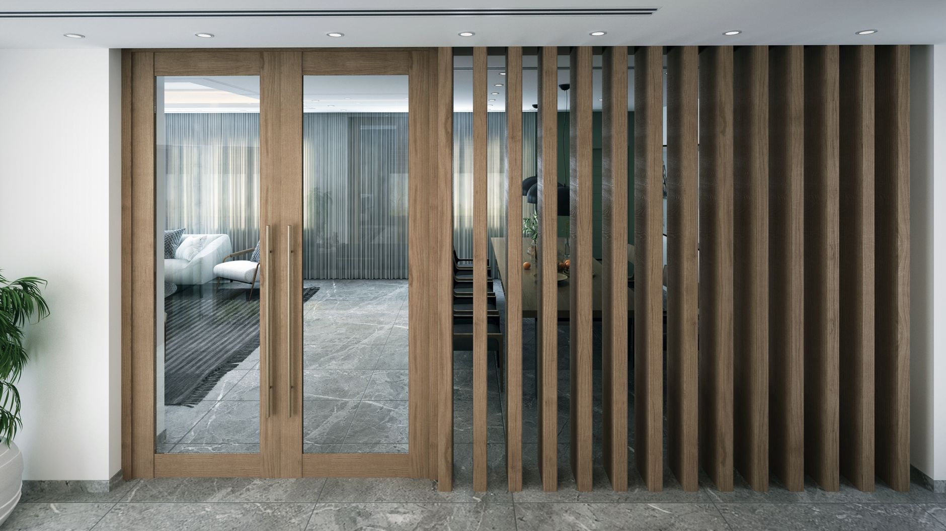 Modern glass door with wooden frame — room separation