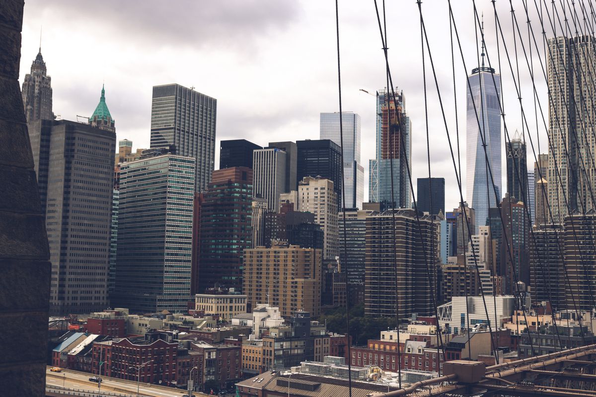 Brooklyn Bridge cables and the Manhattan skyline