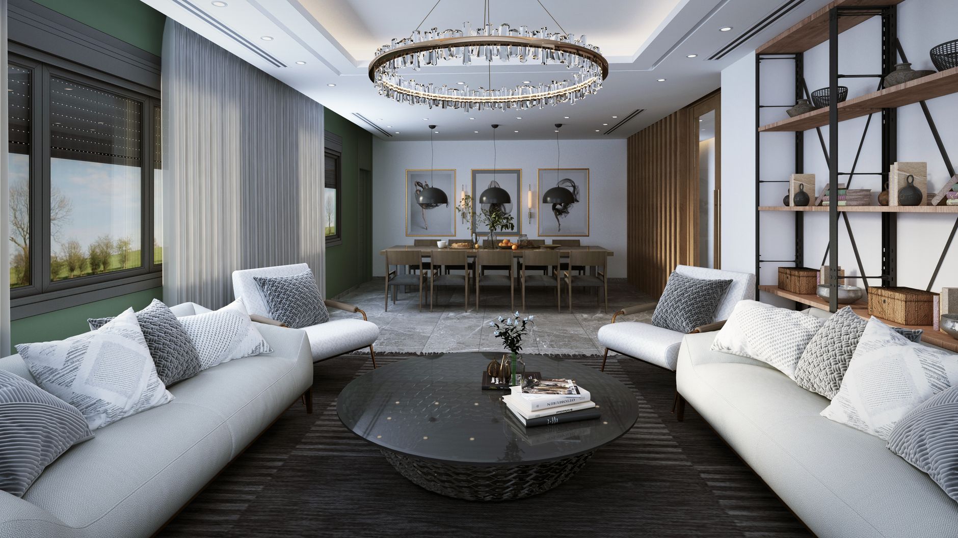 Stylish and luxurious living room featuring contemporary decor, elegant furniture, and a glass table.