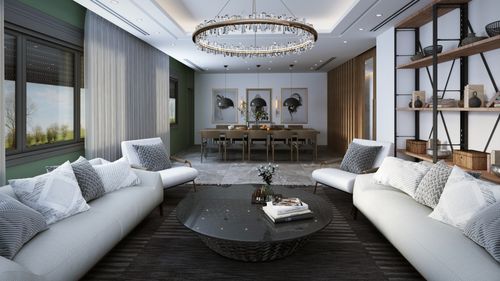 Free Stylish and luxurious living room featuring contemporary decor, elegant furniture, and a glass table. Stock Photo