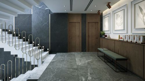 Free Elegant interior design featuring marble staircase, modern art, and minimalist decor. Stock Photo