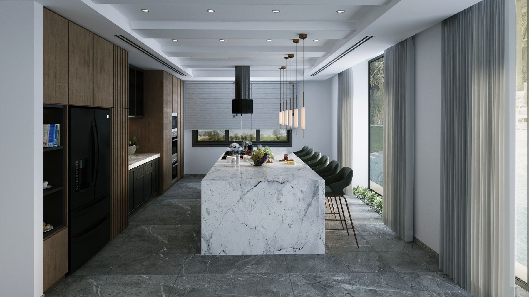 Spacious contemporary kitchen with a marble island and pendant fixtures suspended overhead