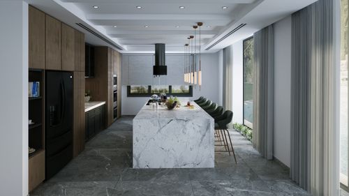 Free Spacious modern kitchen featuring a marble island, pendant lights, and natural light. Stock Photo