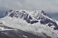 在多云天空的映衬下，一座雪山展现出壮丽的景色，捕捉了冬天的本质