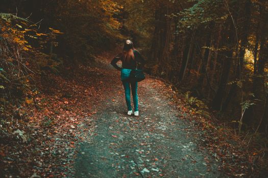 A woman walks through a tranquil woodland path surrounded by autumn leaves.