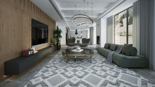 Free Elegant living room featuring modern furniture, stylish lighting, and sophisticated interior design. Stock Photo