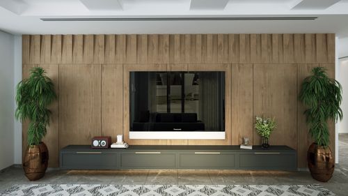 Free Contemporary living room interior featuring a wooden wall and mounted TV. Stock Photo