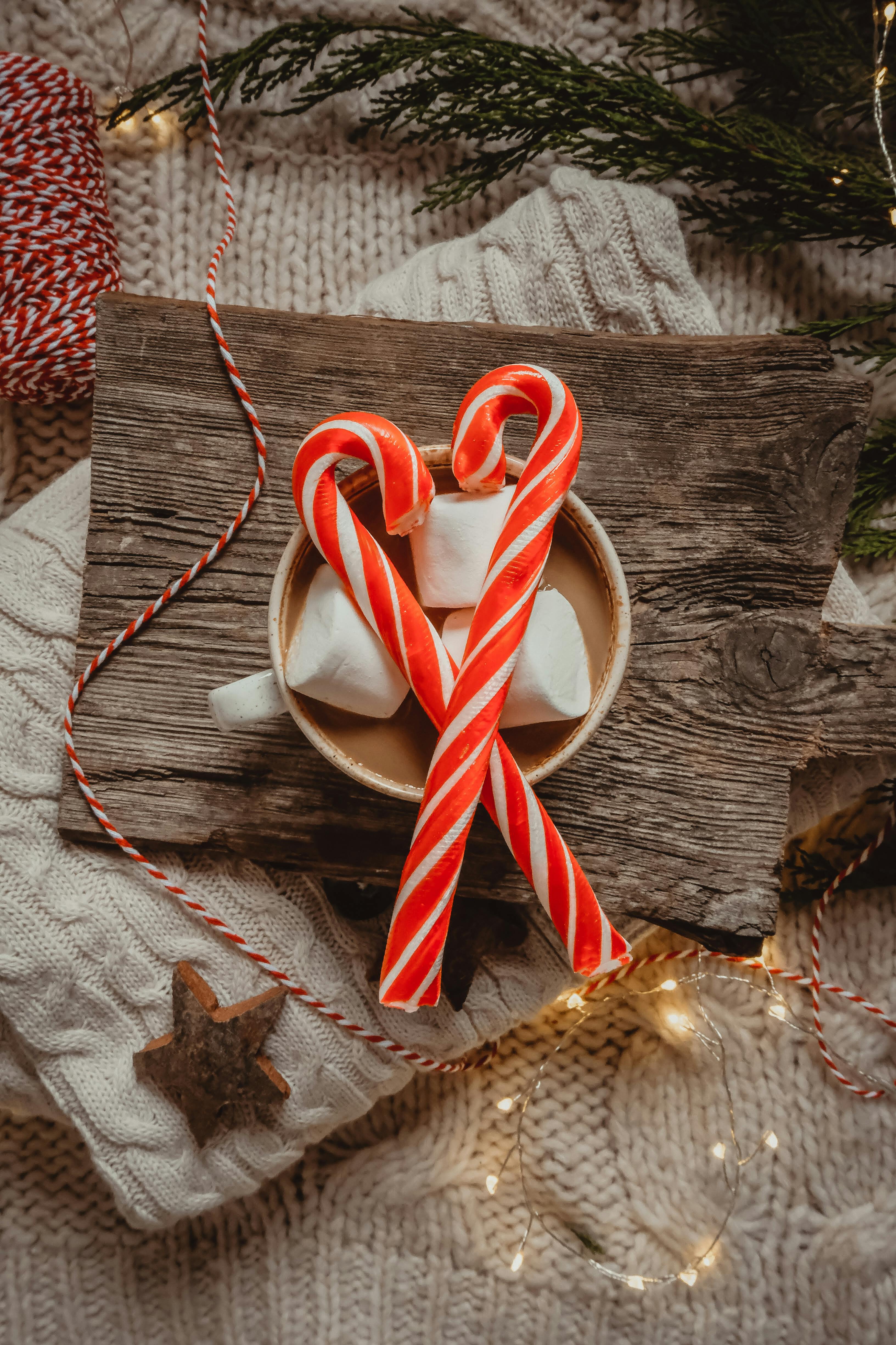 Enjoy a festive hot chocolate adorned with marshmallows and candy canes, perfect for winter celebrations.