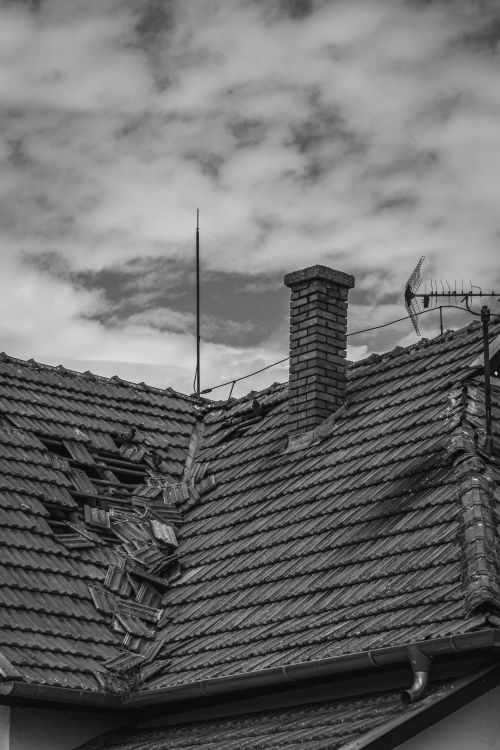 Grayscale close-up of damaged, weathered roof tiles showing wear and breakage