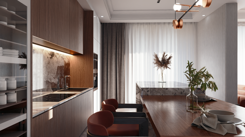 Free Sleek modern kitchen featuring wooden cabinets, a marble island, and elegant decor elements. Stock Photo