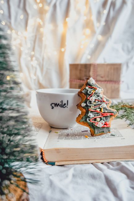 Cozy Christmas scene with a cookie and smiley cup on an open book, perfect for holiday vibes.