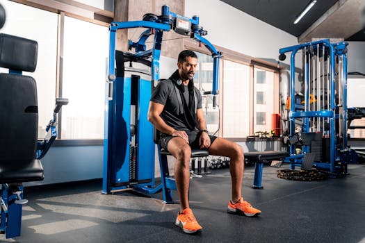 Adult man exercising on gym equipment in a modern gym located in Bahrain.