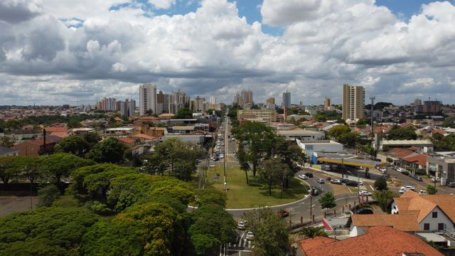 A dynamic aerial view of Londrina, Brazil, showcasing urban cityscape and lush greenery under a dramatic sky.