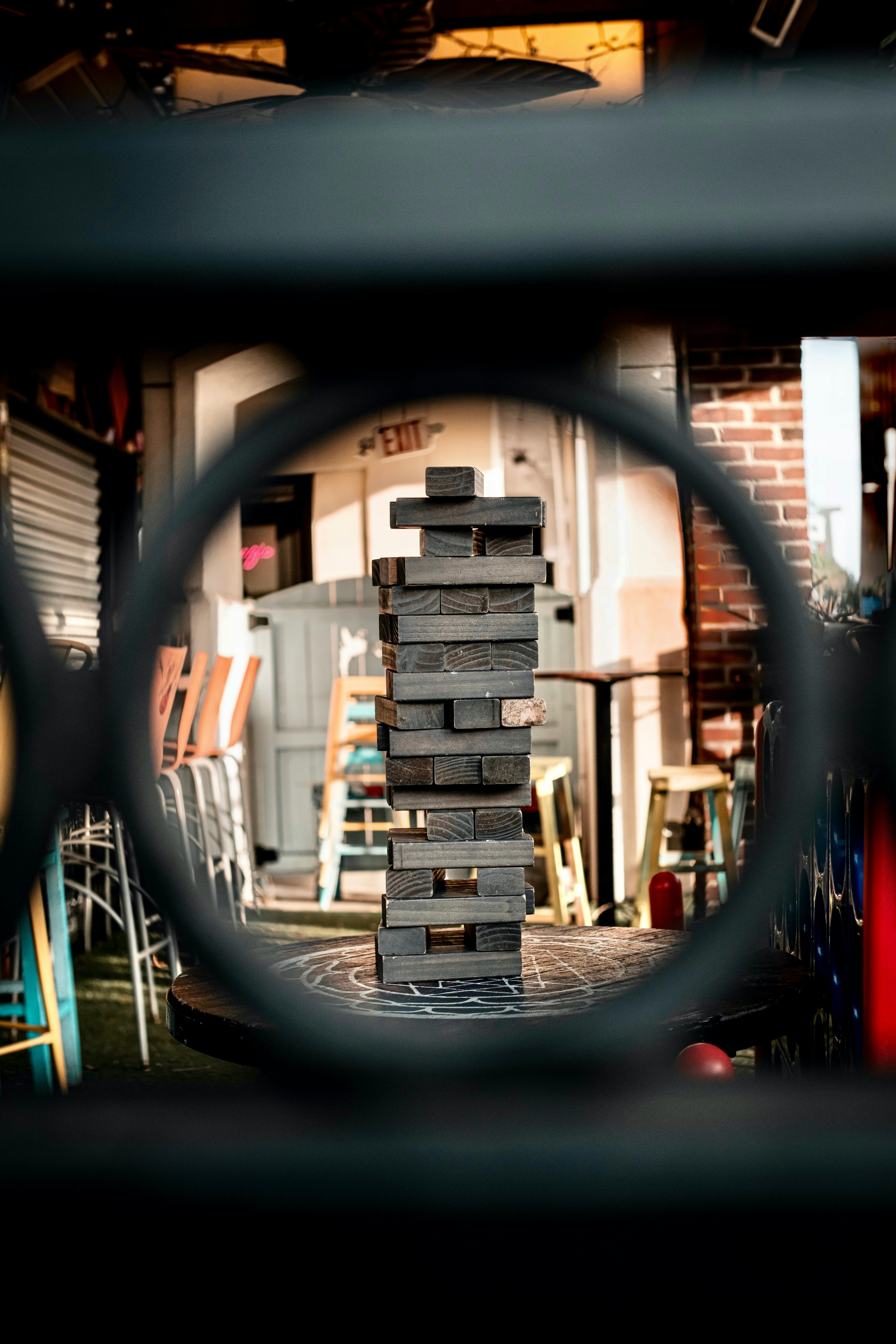 a stack of wooden blocks in a bar