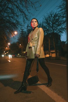 Fashionable woman in a leather jacket posing on a street at night in Urmia, Iran.