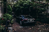 阳光明媚的日子里，一辆光滑的黑色奥迪跑车停在绿树环绕的砖砌车道上