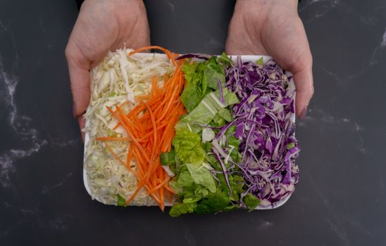 Hands holding a tray of sliced cabbage, lettuce, and carrots on a dark background.