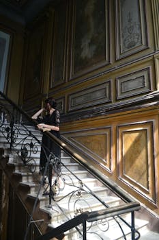 A woman in a black dress gracefully climbs a vintage staircase in an elegant interior setting.