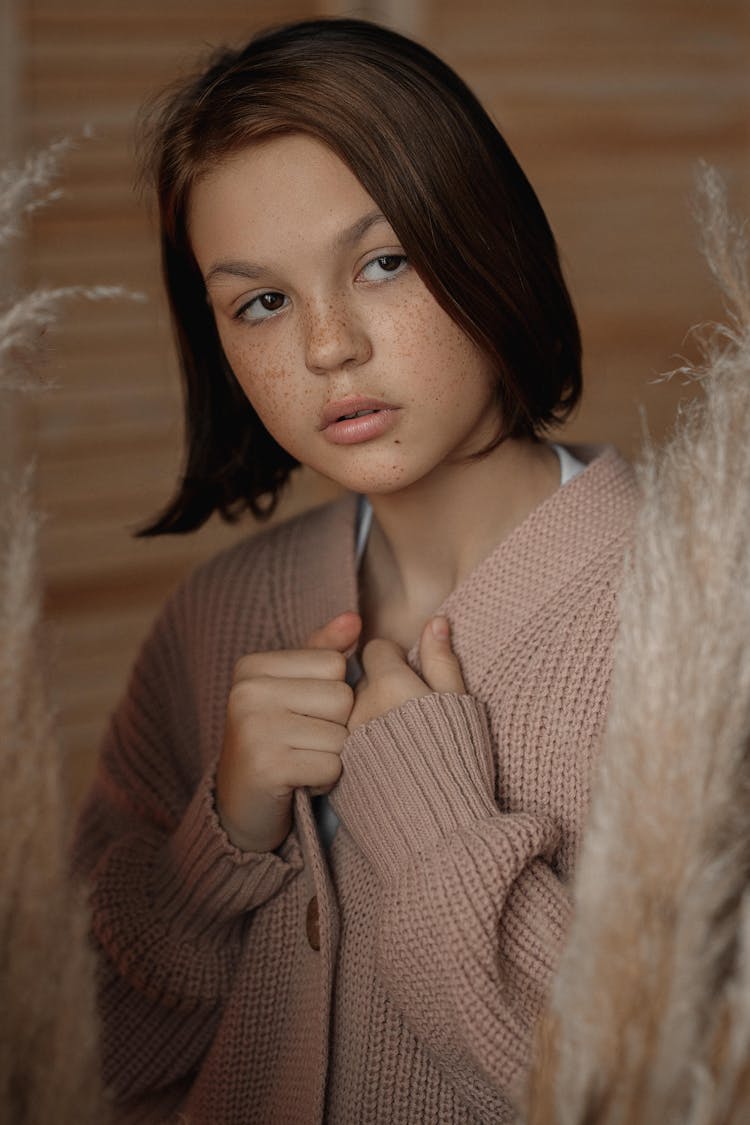 Beautiful Brunette Woman Wearing Cardigan