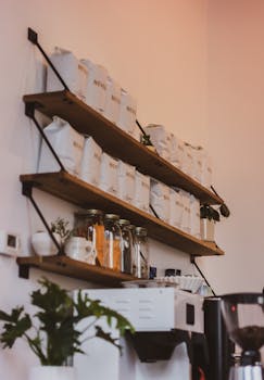 Modern kitchen with wooden shelves displaying coffee bags and plants for a cozy touch.