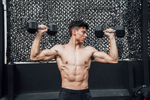A shirtless man exercises with dumbbells in a Mexico City gym, showcasing strength and fitness.