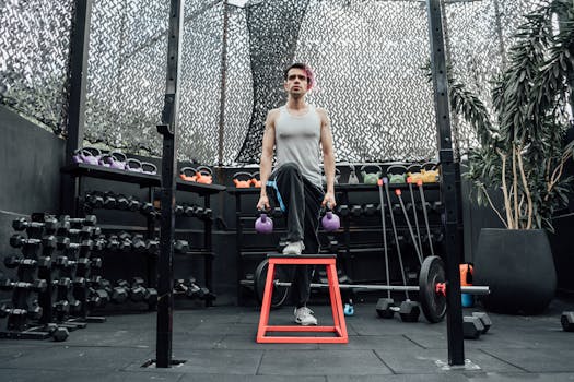 Adult male performing kettlebell exercises in a modern Mexico City gym.