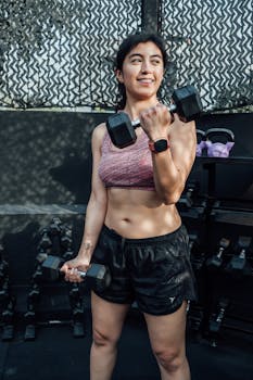 Smiling woman in activewear performing weightlifting in a Mexico City gym.