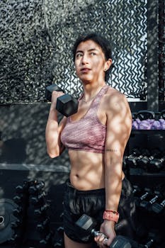 Fit woman in sportswear lifting weights indoors at a gym, focused and determined.