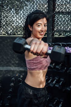 Fit woman lifting a dumbbell in a Mexico City gym, showcasing strength and confidence.