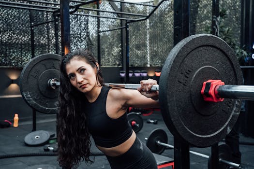 A determined woman lifting weights in a modern gym, embodying fitness and strength.